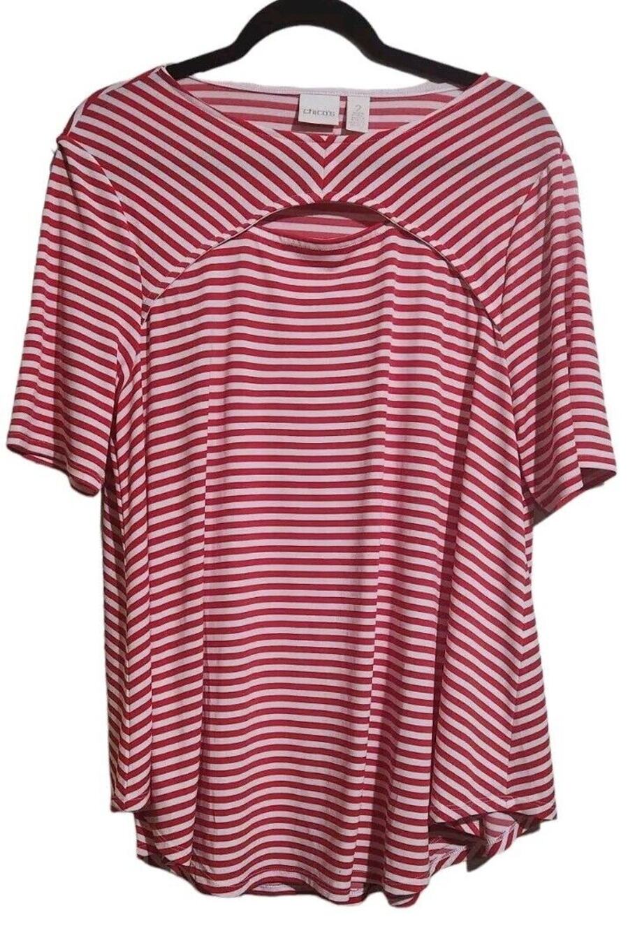 Chicos Sz 2 Large Ladies Woman's Red Striped Top Long Line Slinky Stretch Jersey